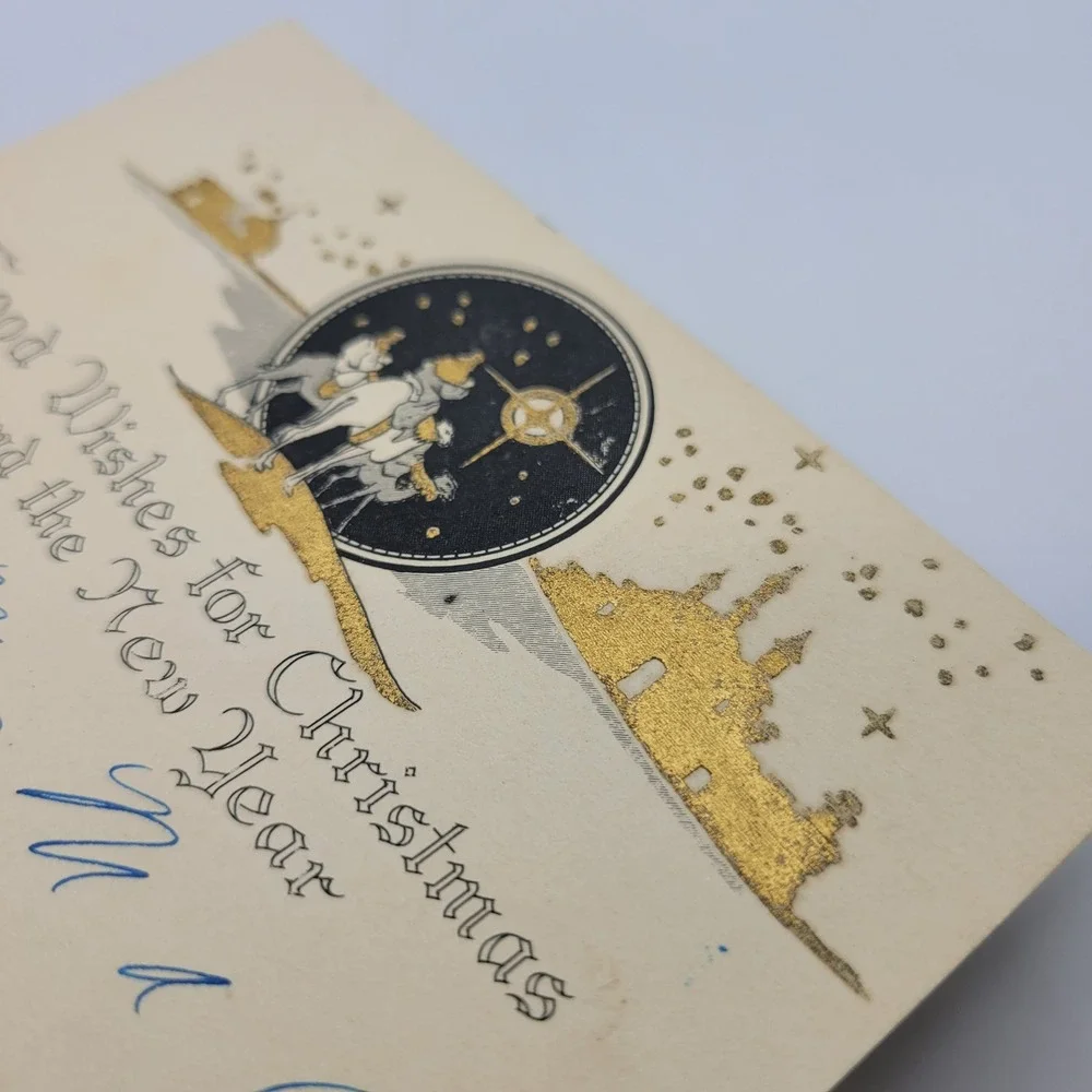 Vintage‎ Christmas Card Good Wishes Three Kings Gold Buildings Holiday Decor